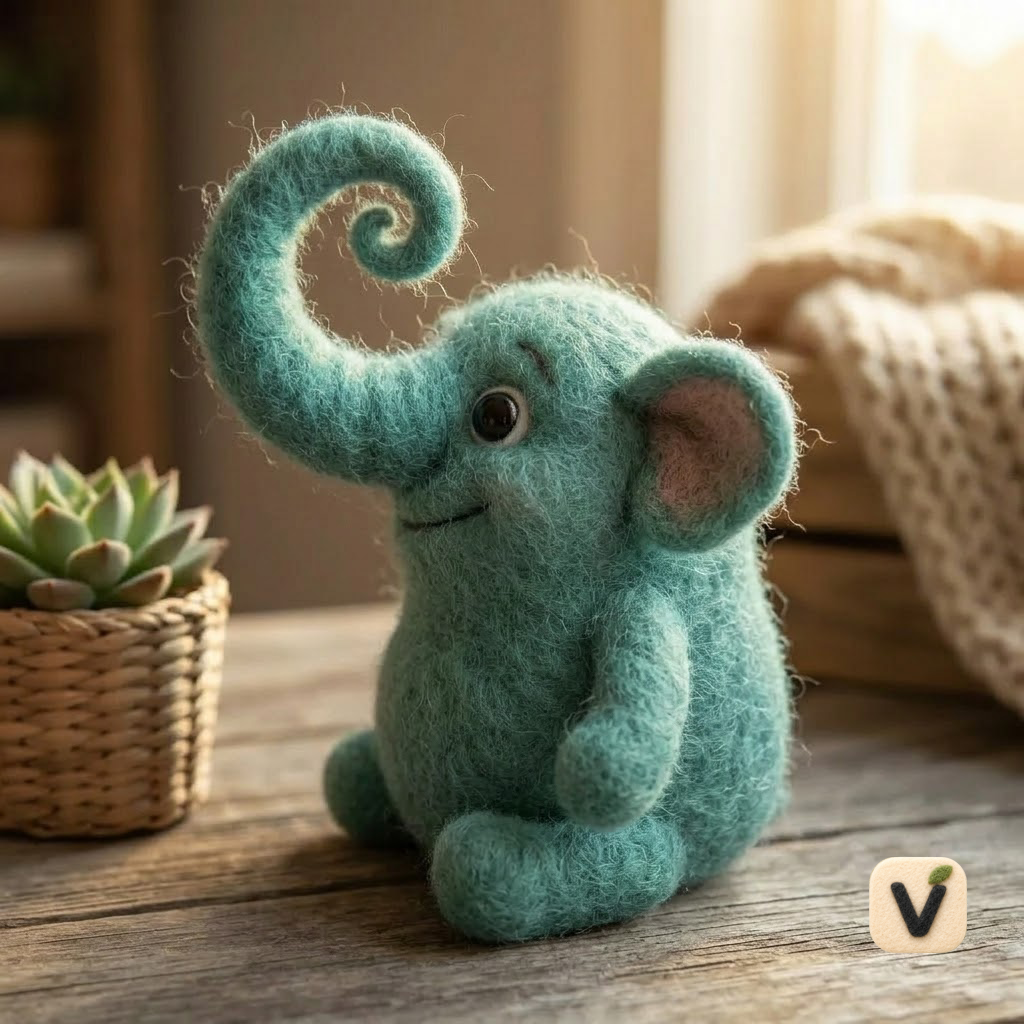 Handmade Wool Felt Mint Green Sitting Elephant with Curly Trunk – Forest Style Desktop Ornament