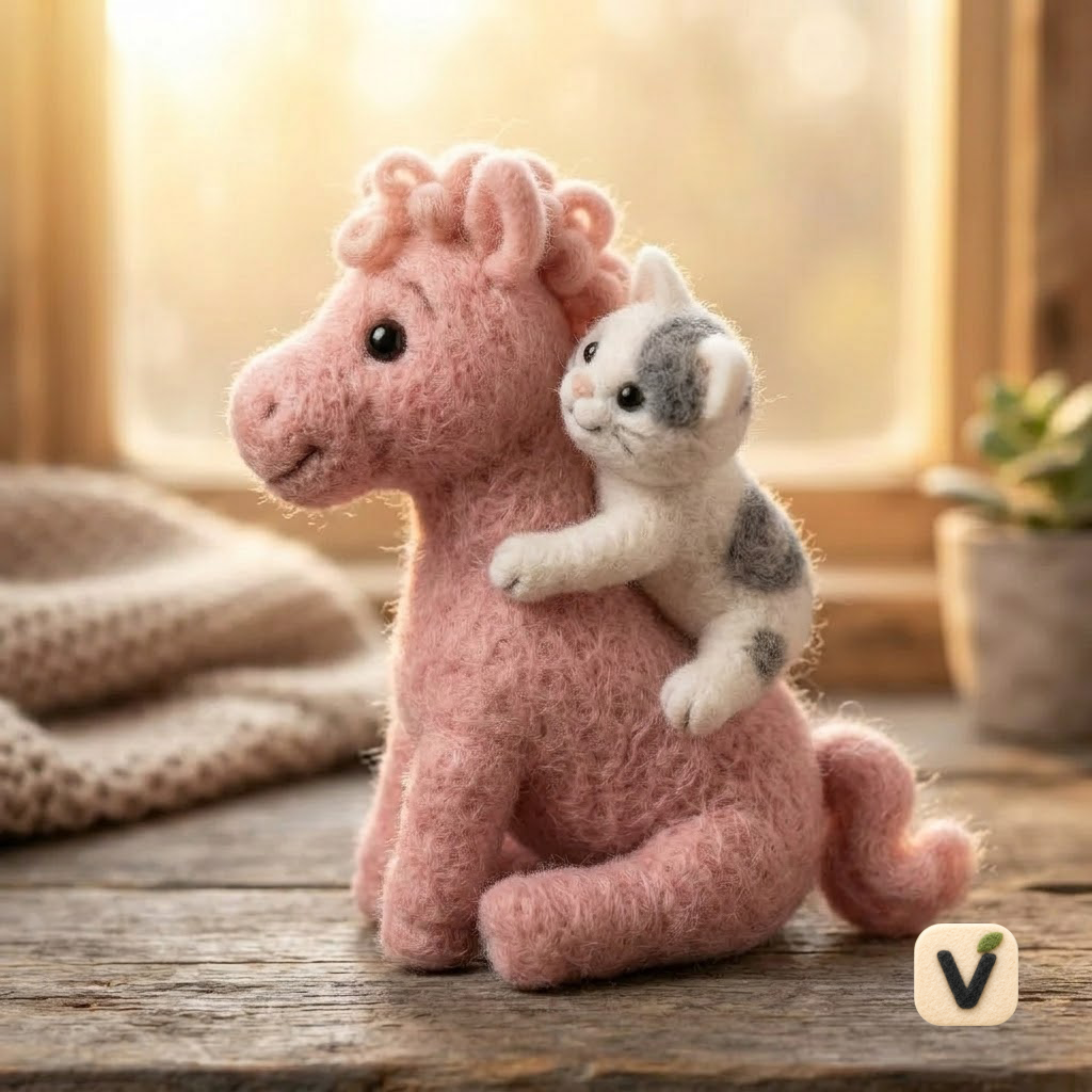 Handmade Wool Felt Pink Curly Mane Horse with Grey Spotted Kitten on Back – Warm Companion Desktop Ornament
