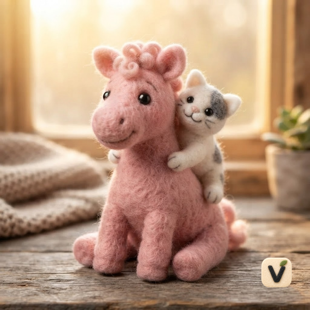 Handmade Wool Felt Pink Curly Mane Horse with Grey Spotted Kitten on Back – Warm Companion Desktop Ornament