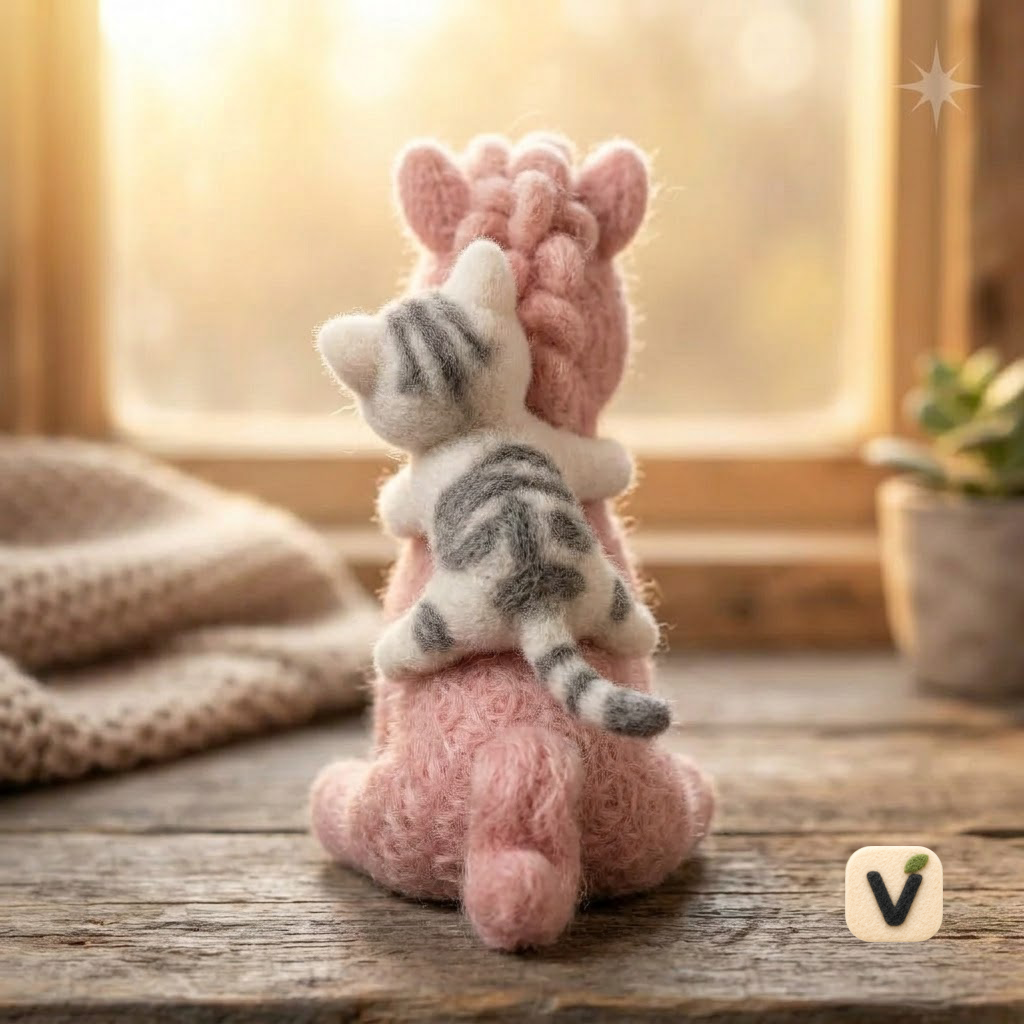 Handmade Wool Felt Pink Curly Mane Horse with Grey Spotted Kitten on Back – Warm Companion Desktop Ornament