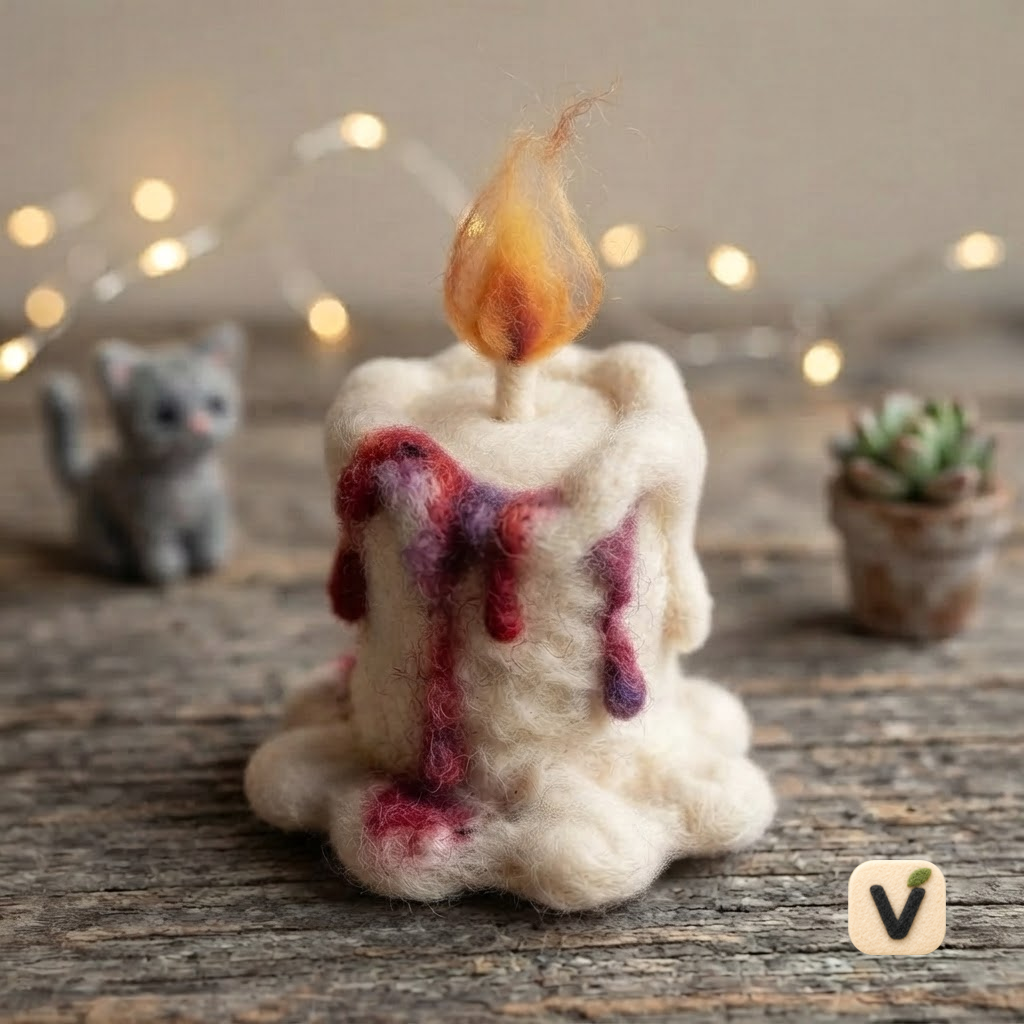 Handmade Wool Felt Melted Candle with Gradient Flame & Red-Purple Wax Drips – Warm Ambient Desktop Ornament