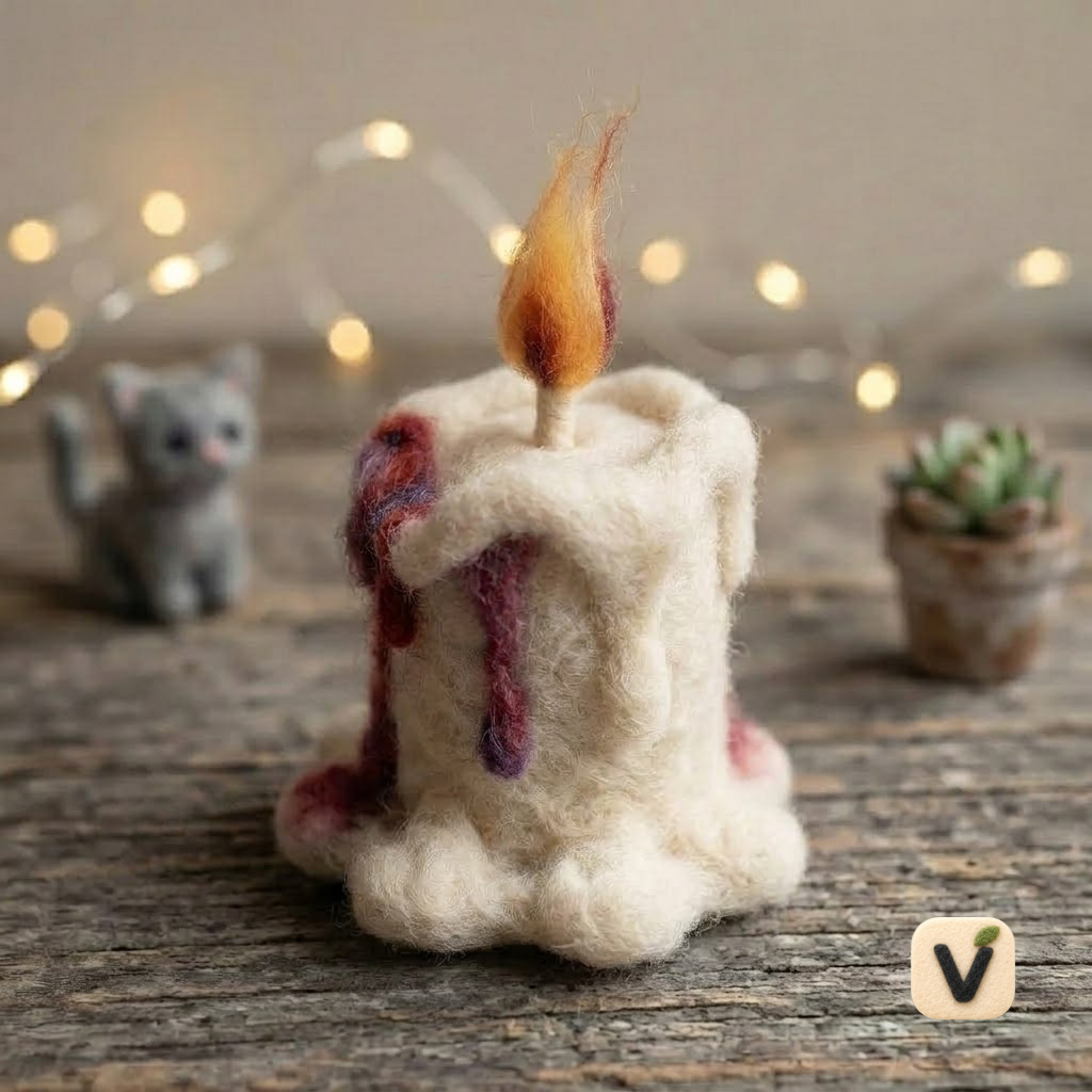 Handmade Wool Felt Melted Candle with Gradient Flame & Red-Purple Wax Drips – Warm Ambient Desktop Ornament