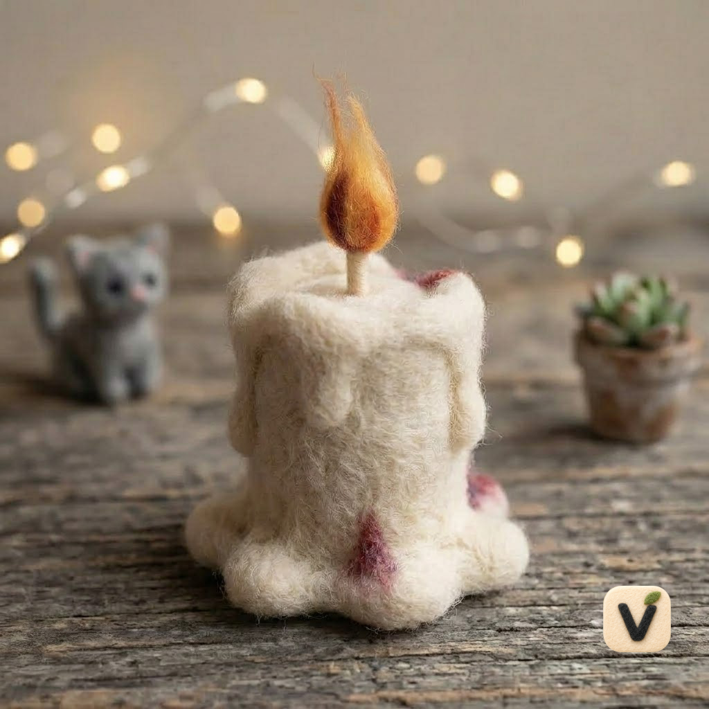 Handmade Wool Felt Melted Candle with Gradient Flame & Red-Purple Wax Drips – Warm Ambient Desktop Ornament