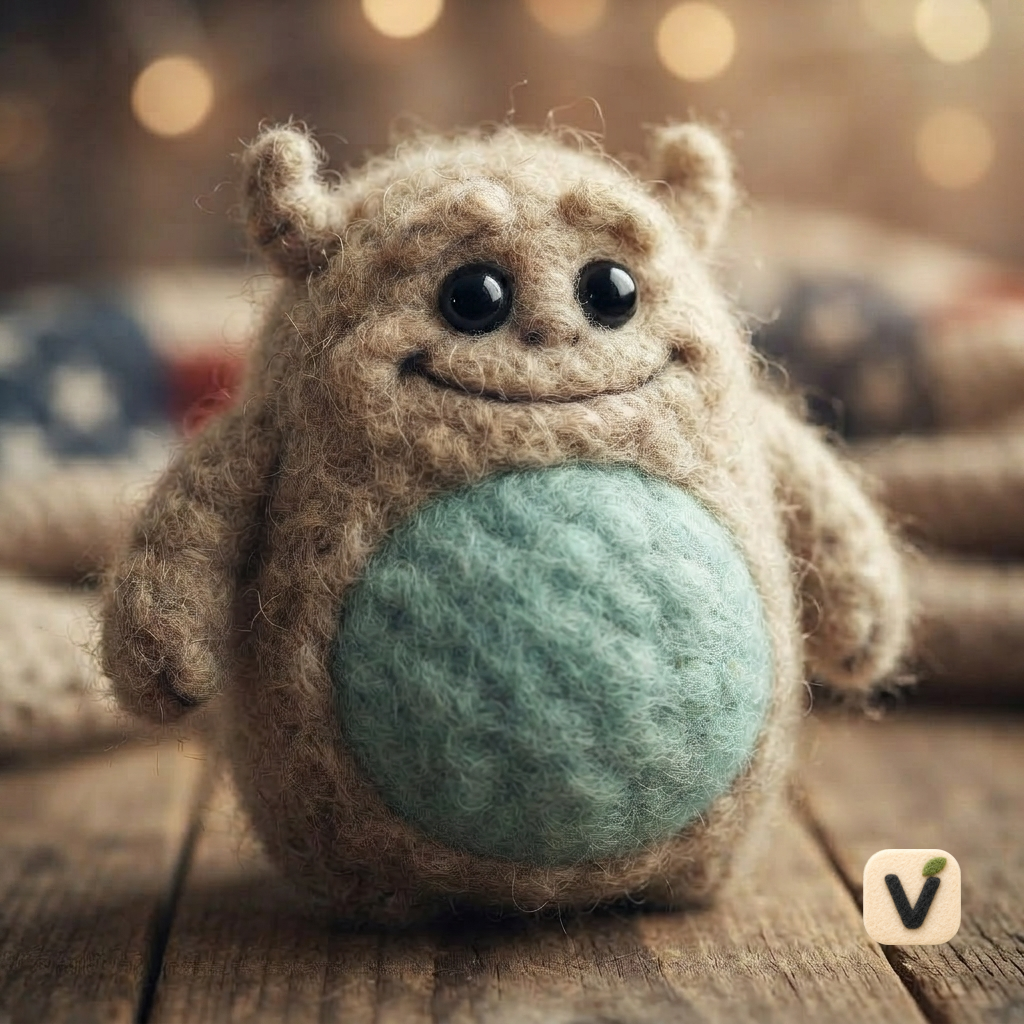 Handmade Wool Felt Chubby Fluffy Monster with Mint Green Belly – Cute Fantasy Desktop Ornament