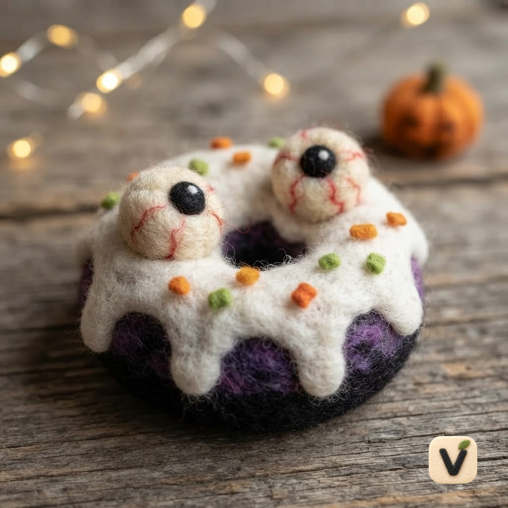 Handmade Wool Felt Chubby Fluffy Monster with Long Curly Tail – Cute Fantasy Back View Desktop Ornament