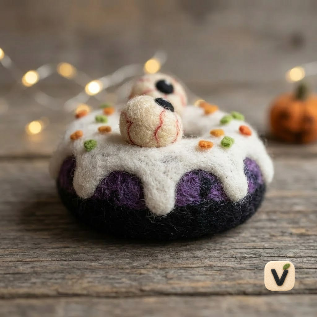 Handmade Wool Felt Chubby Fluffy Monster with Long Curly Tail – Cute Fantasy Back View Desktop Ornament