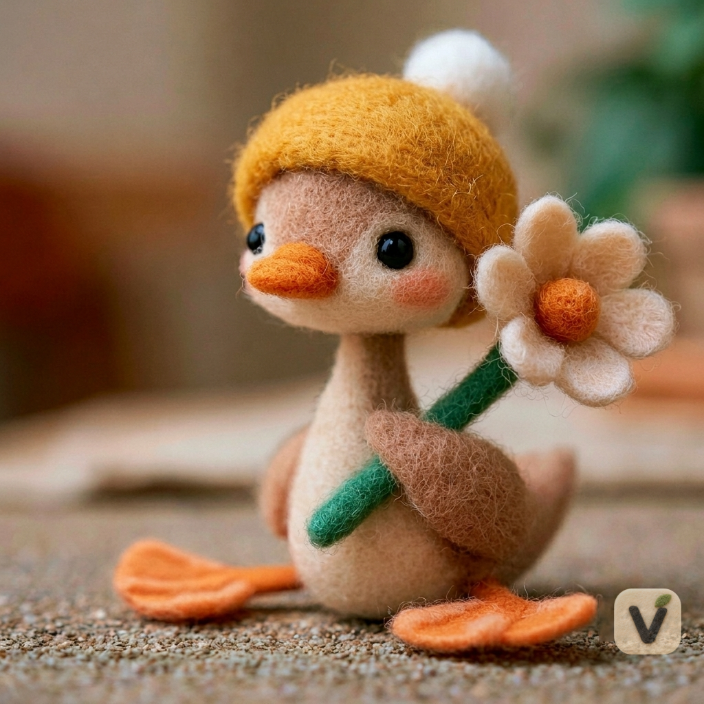 Handmade Wool Felt Sitting Duckling with Yellow Pom-pom Hat Holding Daisy Flower – Pastoral Desktop Ornament