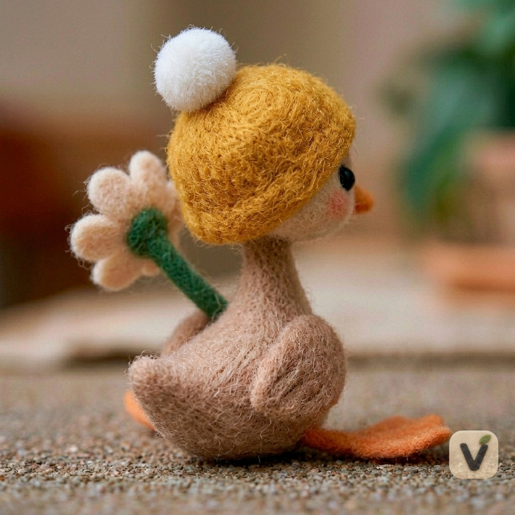 Handmade Wool Felt Sitting Duckling with Yellow Pom-pom Hat Holding Daisy Flower – Pastoral Desktop Ornament