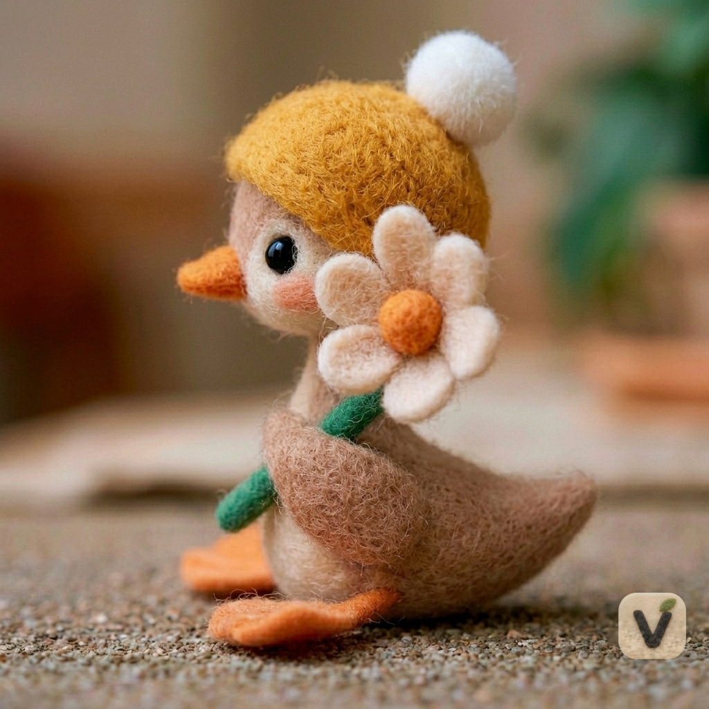 Handmade Wool Felt Sitting Duckling with Yellow Pom-pom Hat Holding Daisy Flower – Pastoral Desktop Ornament