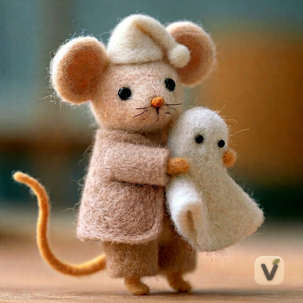 Handmade Wool Felt Light Brown Mouse in Nightcap Holding Mini Ghost – Halloween Warm Desktop Ornament