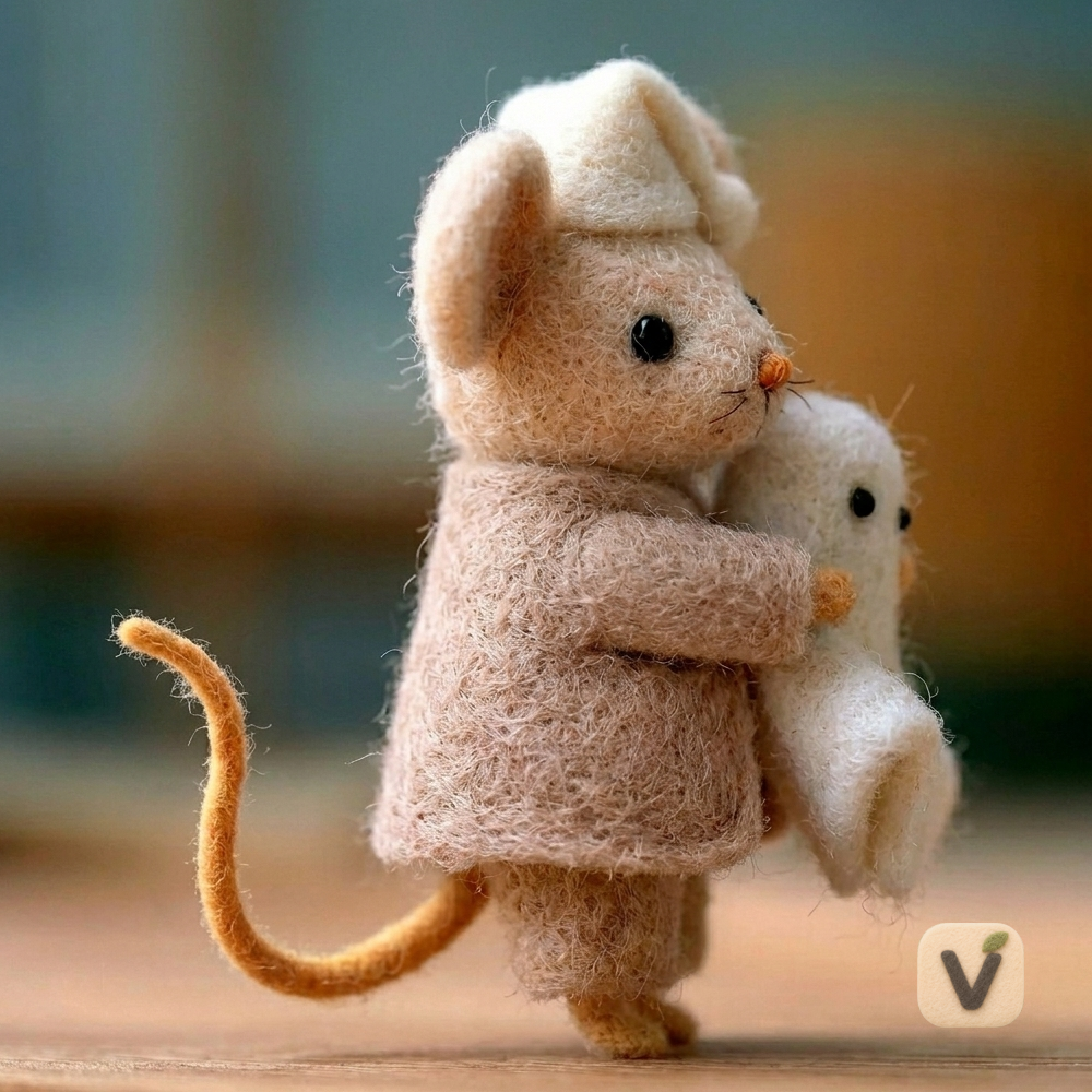 Handmade Wool Felt Light Brown Mouse in Nightcap Holding Mini Ghost – Halloween Warm Desktop Ornament