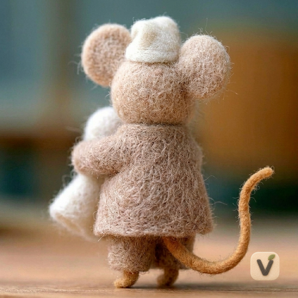 Handmade Wool Felt Light Brown Mouse in Nightcap Holding Mini Ghost – Halloween Warm Desktop Ornament