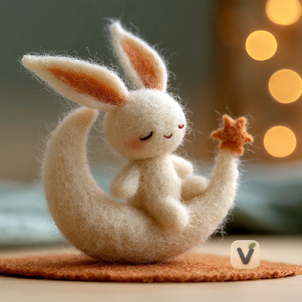 Handmade Wool Felt Sleepy White Bunny Sitting on Crescent Moon with Star Tip – Dreamy Night Desktop Ornament