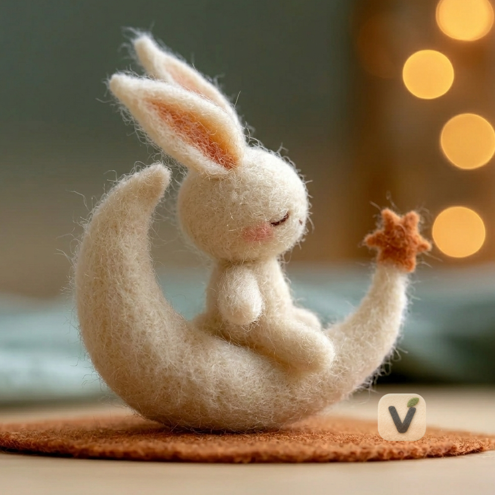 Handmade Wool Felt Sleepy White Bunny Sitting on Crescent Moon with Star Tip – Dreamy Night Desktop Ornament