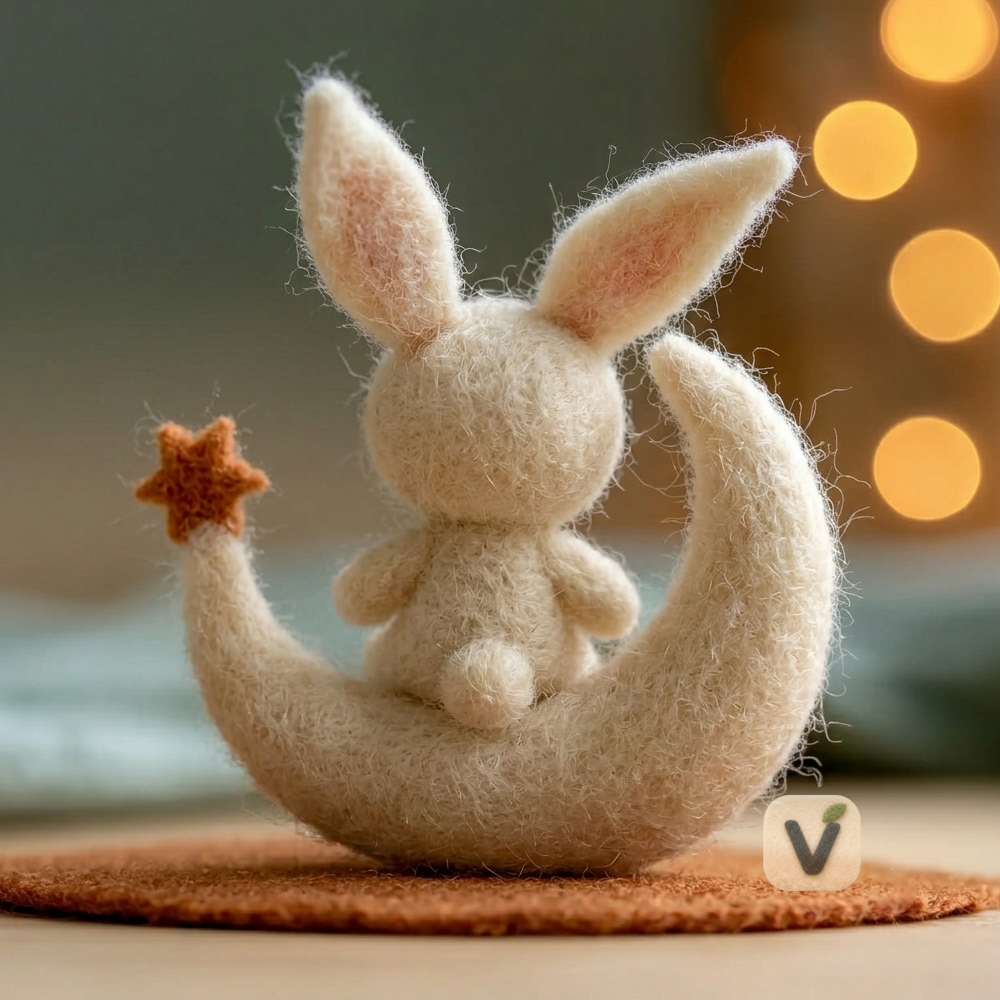 Handmade Wool Felt Sleepy White Bunny Sitting on Crescent Moon with Star Tip – Dreamy Night Desktop Ornament