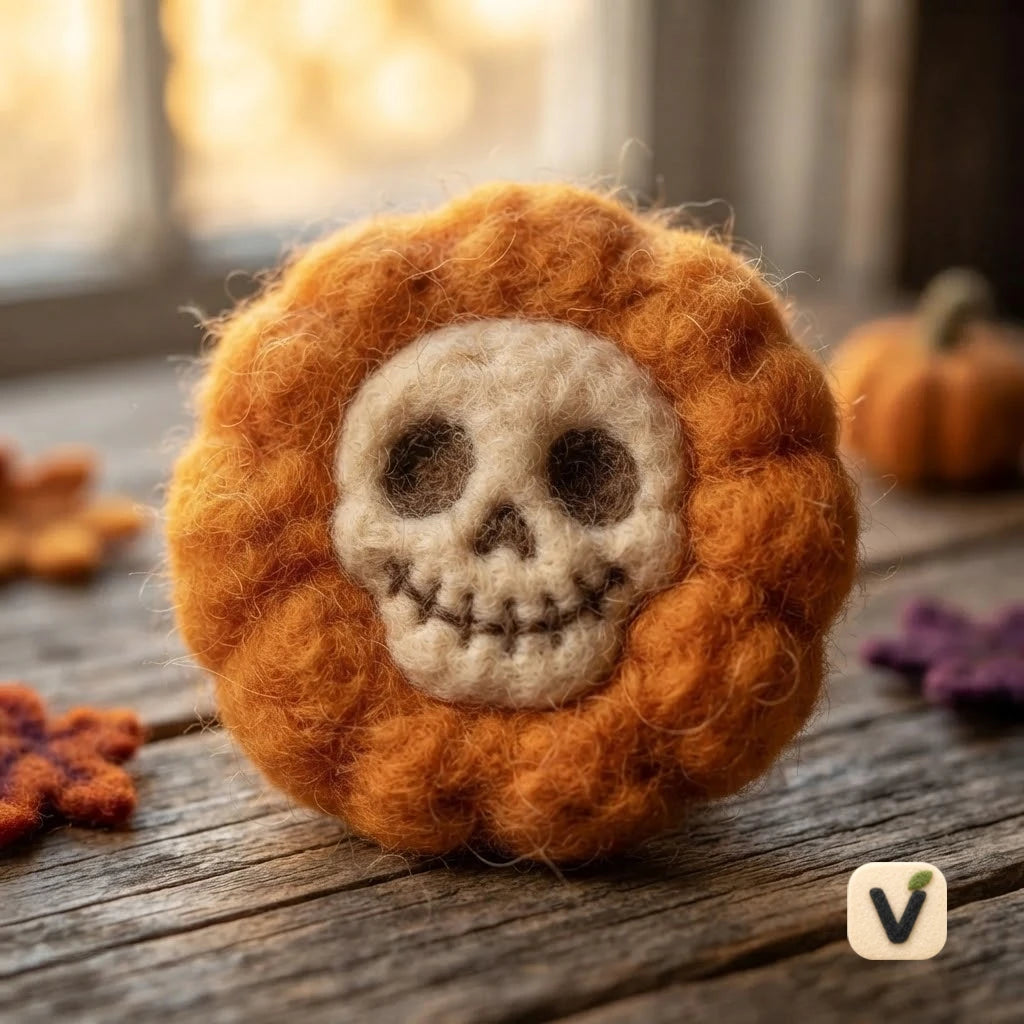 Handmade Wool Felt Round Pumpkin with Embedded Skull Face – Retro Halloween Desktop Ornament