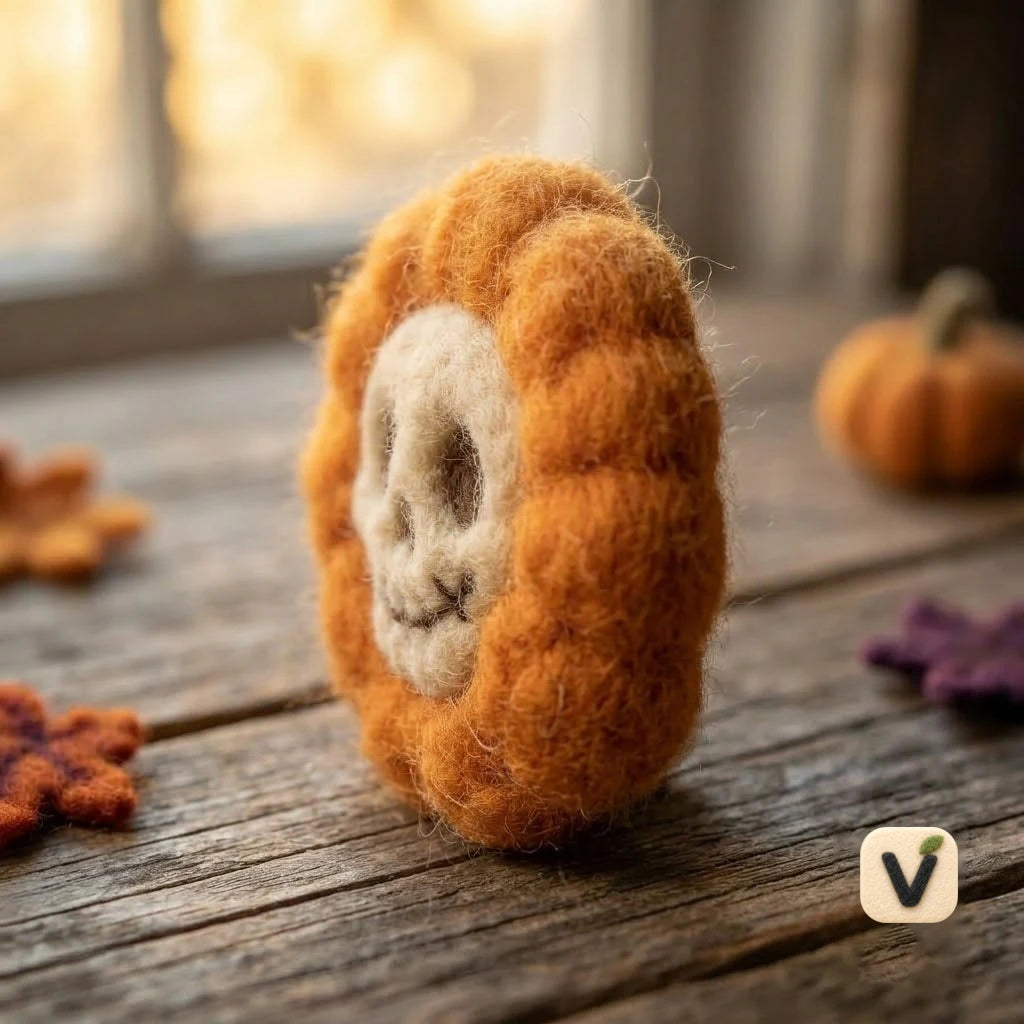 Handmade Wool Felt Round Pumpkin with Embedded Skull Face – Retro Halloween Desktop Ornament
