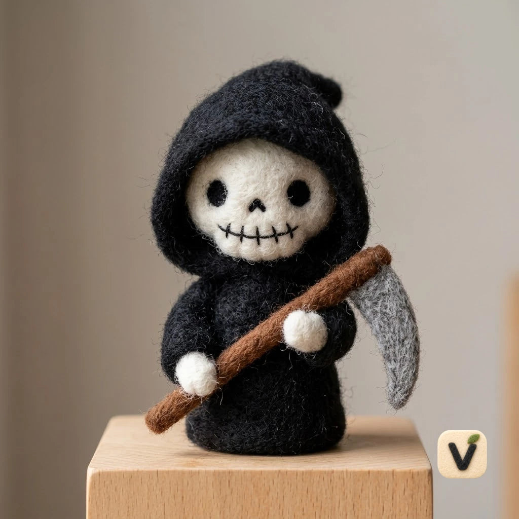 Handmade Wool Felt Cute Grim Reaper with Scythe – Halloween Spooky Desktop Ornament
