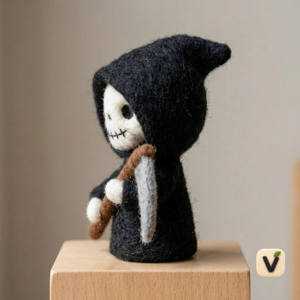 Handmade Wool Felt Cute Grim Reaper with Scythe – Halloween Spooky Desktop Ornament