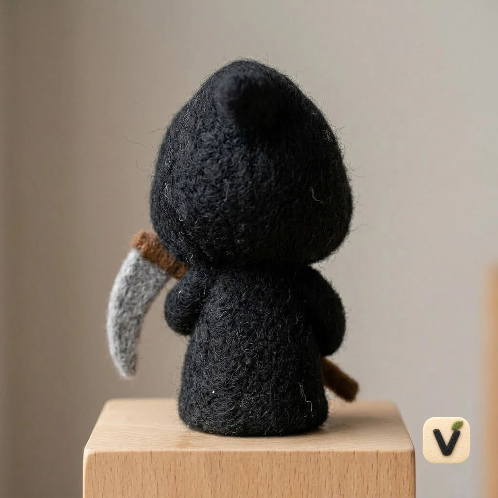 Handmade Wool Felt Cute Grim Reaper with Scythe – Halloween Spooky Desktop Ornament