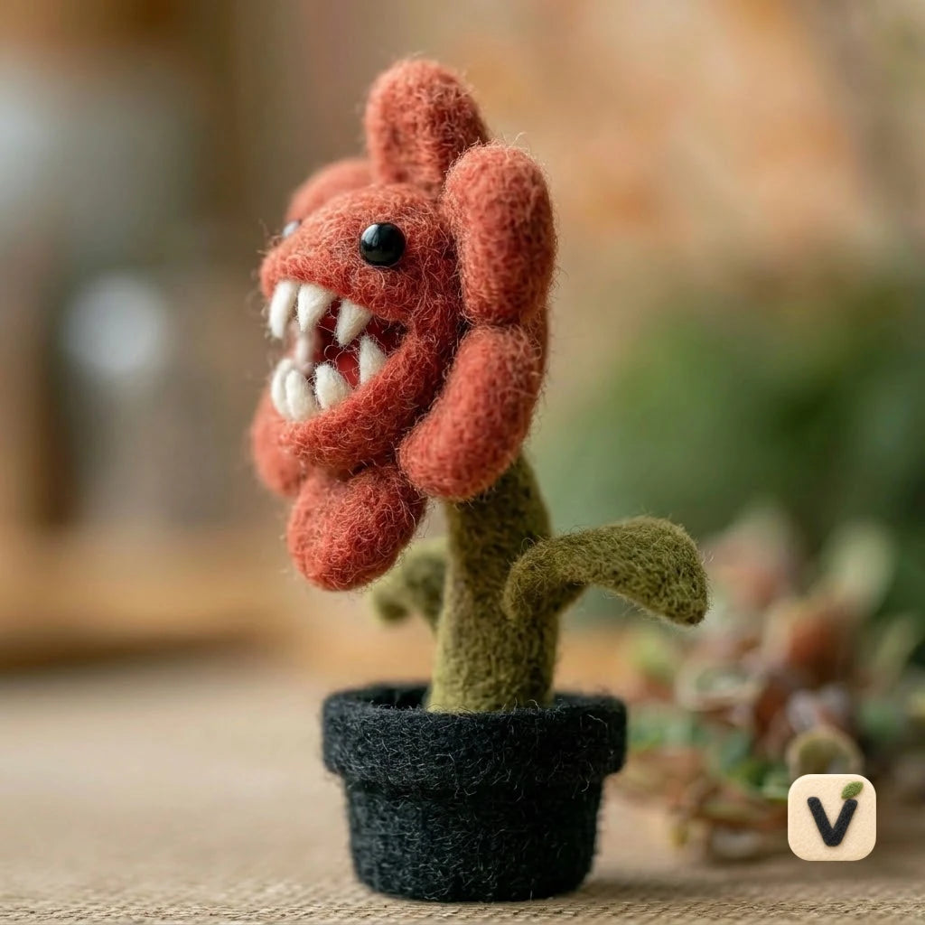 Handmade Wool Felt Carnivorous Monster Flower in Black Flower Pot – Gothic Halloween Desktop Ornament
