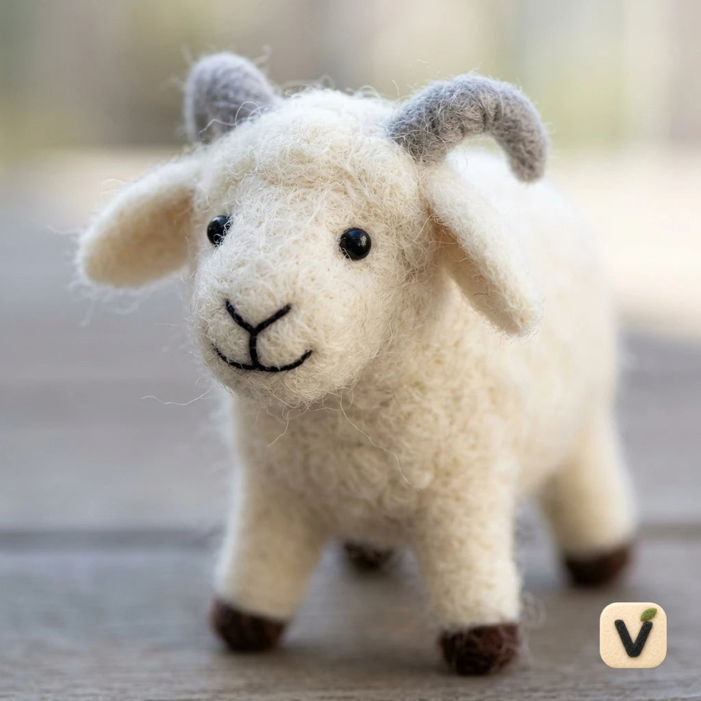 Handmade Wool Felt Fluffy White Lamb with Grey Curved Horns – Pastoral Farm Desktop Ornament