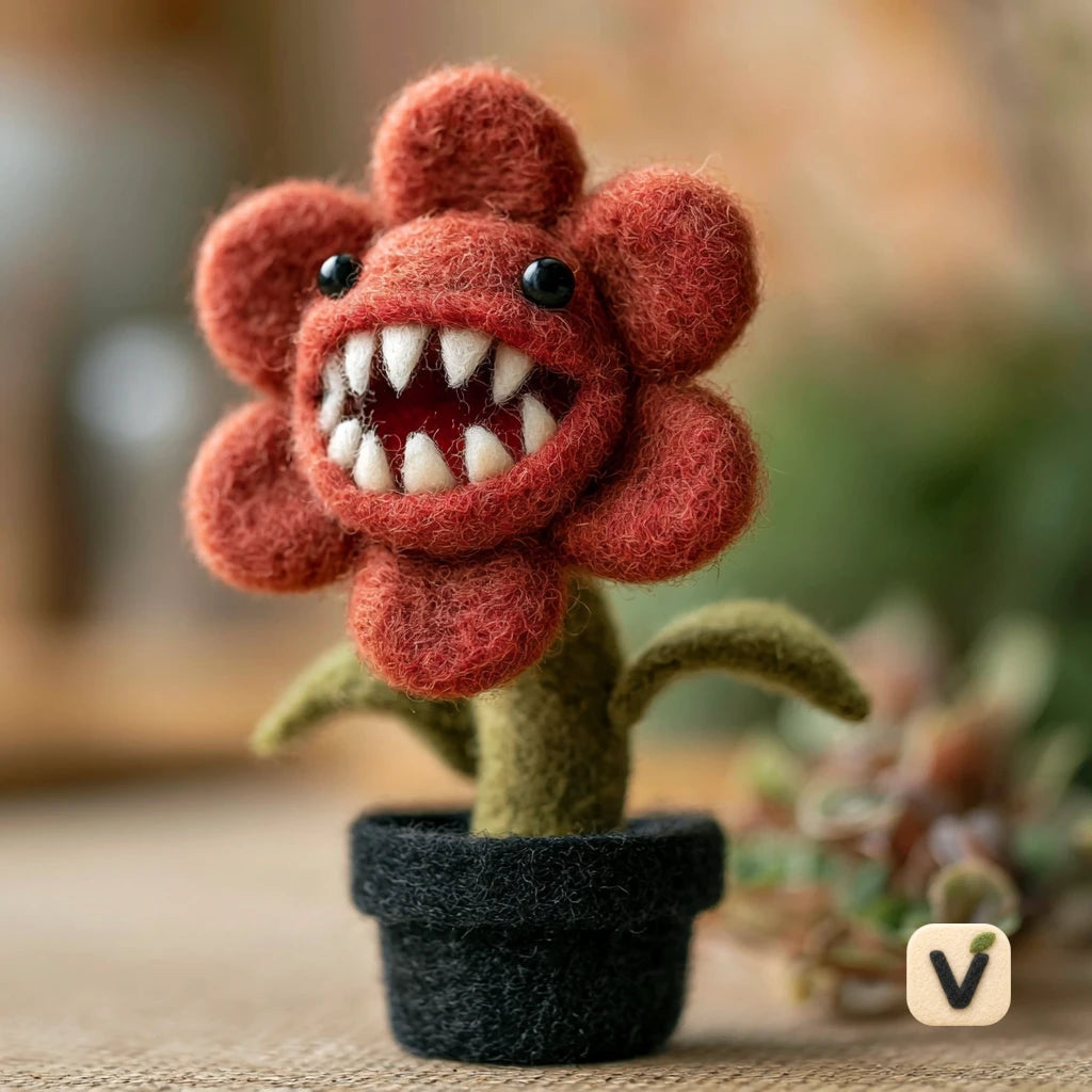 Handmade Wool Felt Carnivorous Monster Flower in Black Flower Pot – Gothic Halloween Desktop Ornament