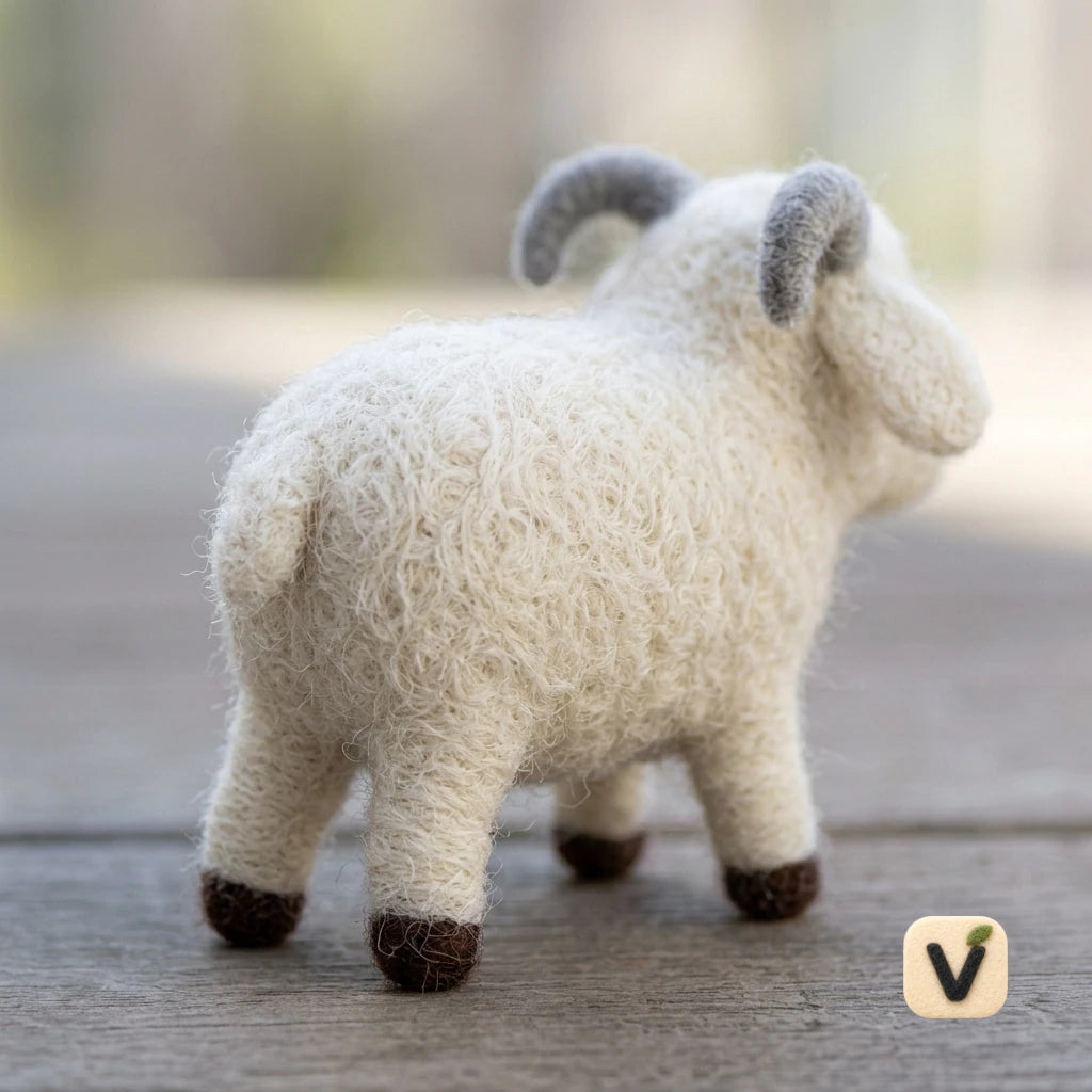 Handmade Wool Felt Fluffy White Lamb with Grey Curved Horns – Pastoral Farm Desktop Ornament
