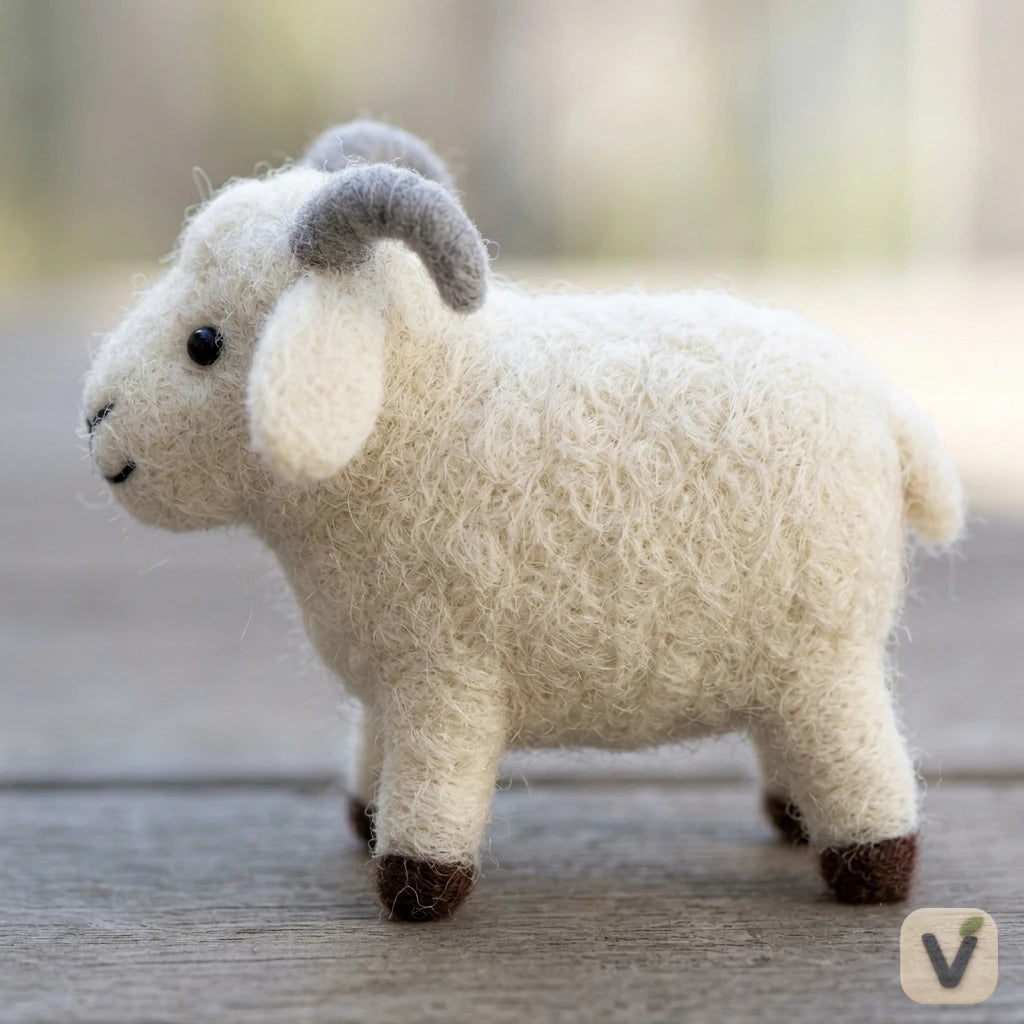 Handmade Wool Felt Fluffy White Lamb with Grey Curved Horns – Pastoral Farm Desktop Ornament
