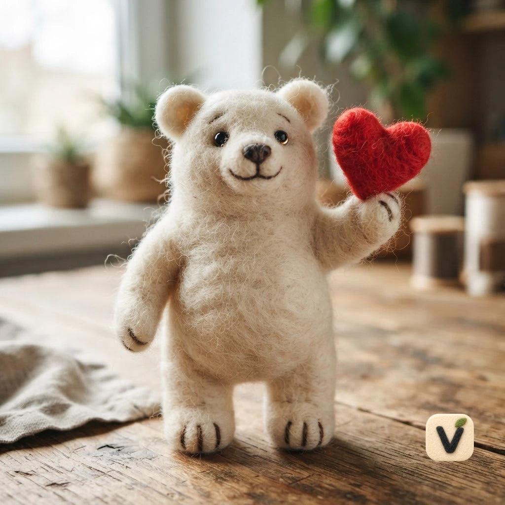 Handmade Wool Felt Standing White Bear Holding Red Heart – Romantic Gift Desktop Ornament