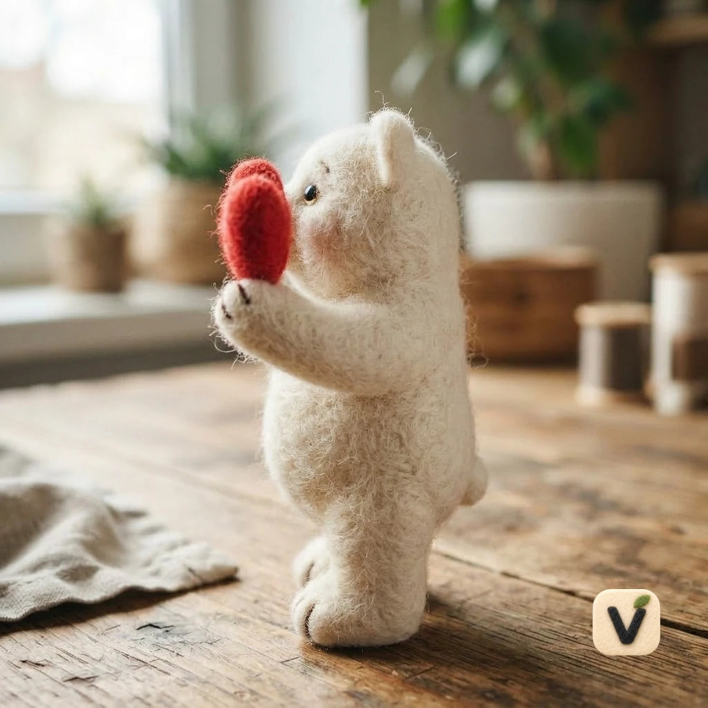 Handmade Wool Felt Standing White Bear Holding Red Heart – Romantic Gift Desktop Ornament