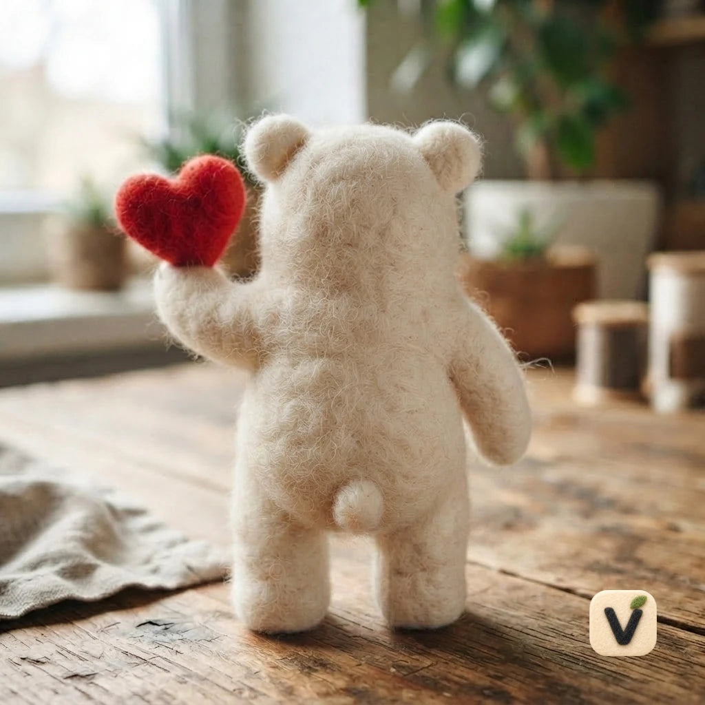 Handmade Wool Felt Standing White Bear Holding Red Heart – Romantic Gift Desktop Ornament