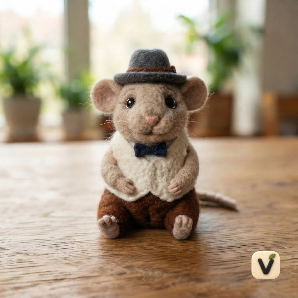 Handmade Wool Felt Gentle Retro Gentleman Mouse with Hat, Vest and Bow Tie – Vintage Desktop Ornament