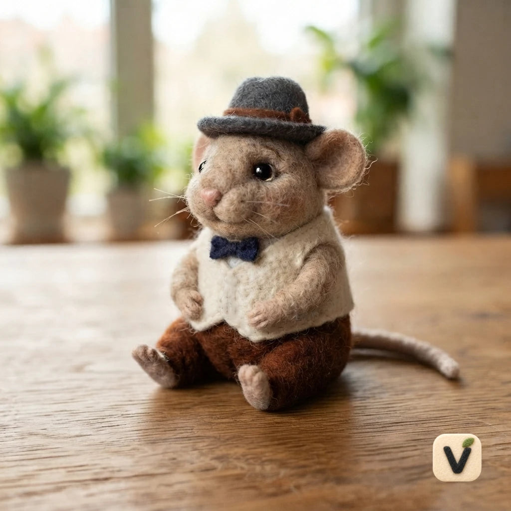 Handmade Wool Felt Gentle Retro Gentleman Mouse with Hat, Vest and Bow Tie – Vintage Desktop Ornament