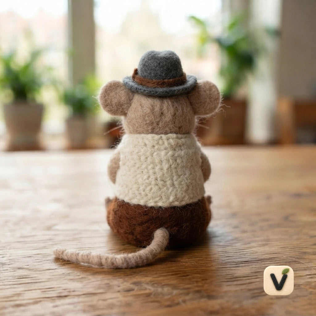 Handmade Wool Felt Gentle Retro Gentleman Mouse with Hat, Vest and Bow Tie – Vintage Desktop Ornament