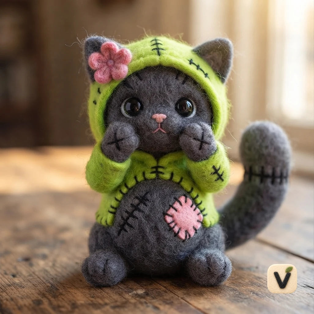 Handmade Wool Felt Grey Cat Wearing Frankenstein Stitched Green Hoodie with Pink Flower – Cute Halloween Desktop Ornament