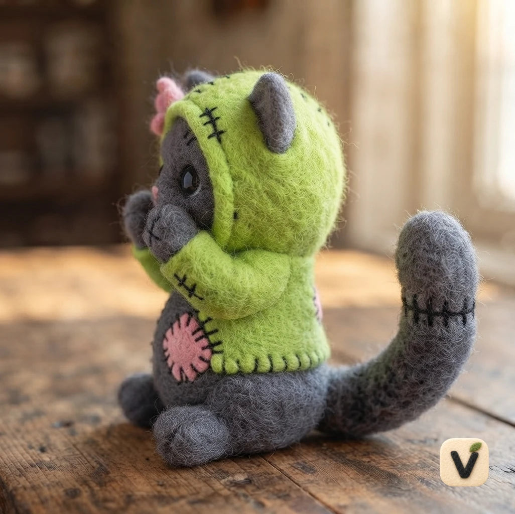 Handmade Wool Felt Grey Cat Wearing Frankenstein Stitched Green Hoodie with Pink Flower – Cute Halloween Desktop Ornament