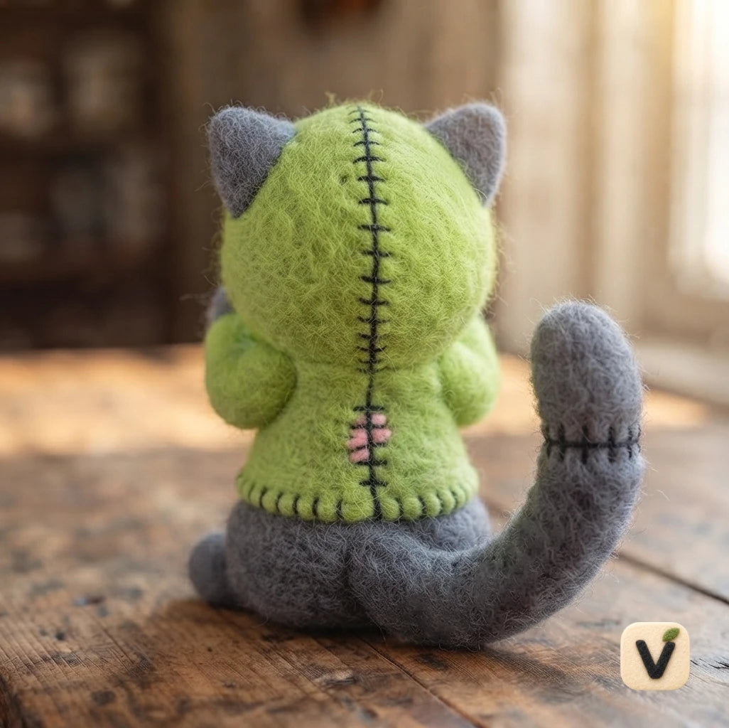 Handmade Wool Felt Grey Cat Wearing Frankenstein Stitched Green Hoodie with Pink Flower – Cute Halloween Desktop Ornament