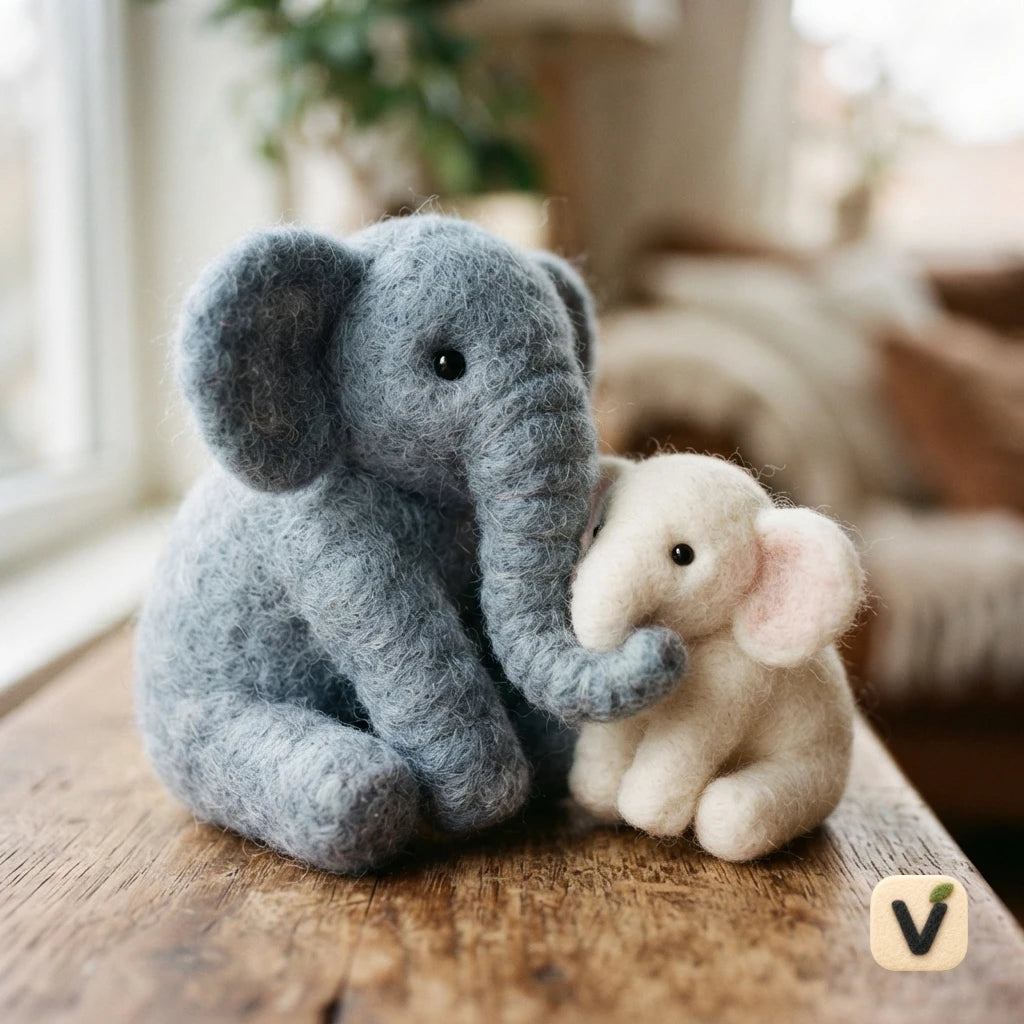 Handmade Wool Felt Mother and Baby Elephant Family – Warm Parent-child Desktop Ornament