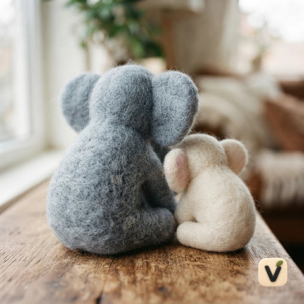 Handmade Wool Felt Mother and Baby Elephant Family – Warm Parent-child Desktop Ornament