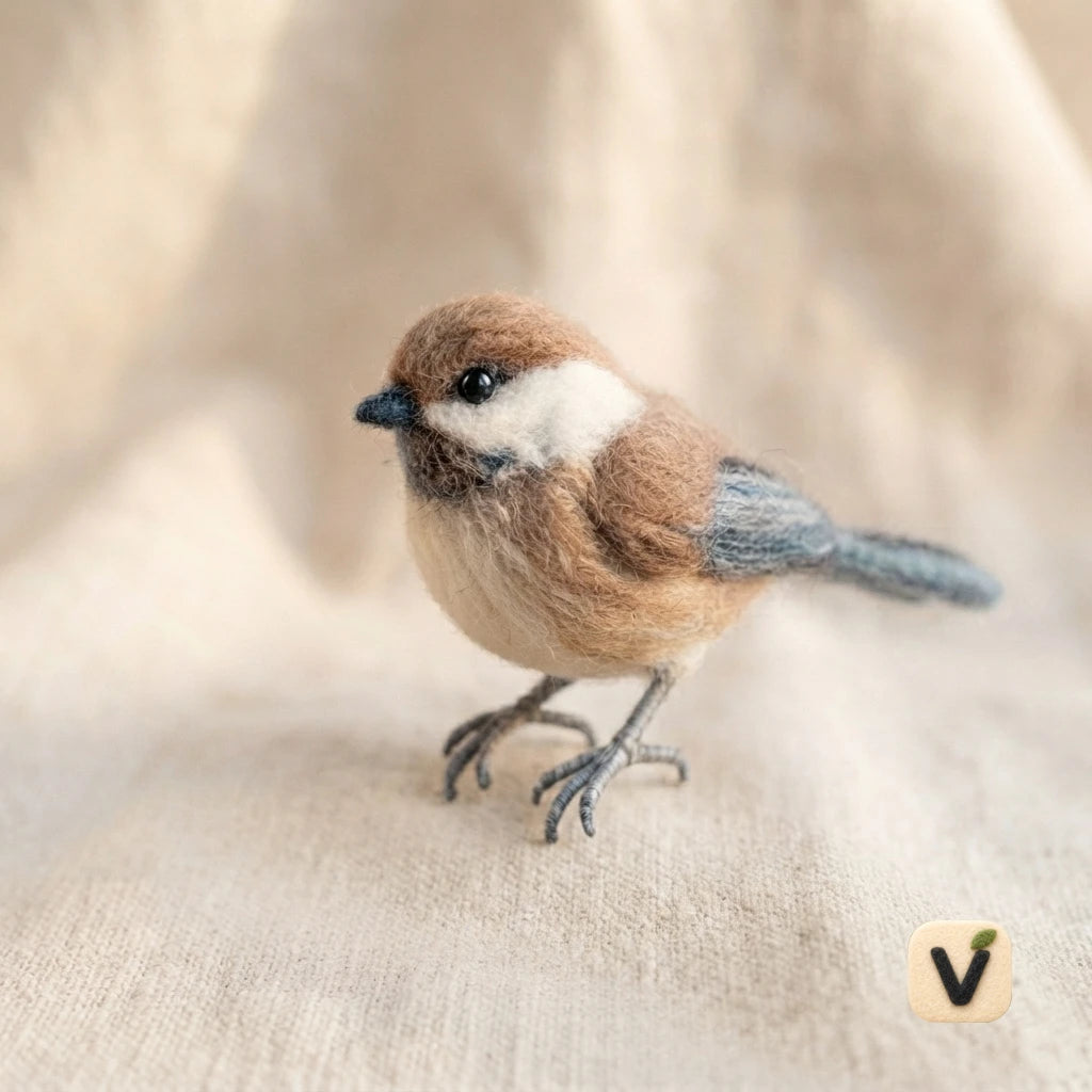 Handmade Wool Felt Realistic Fluffy Chickadee Bird – Nature Forest Desktop Ornament