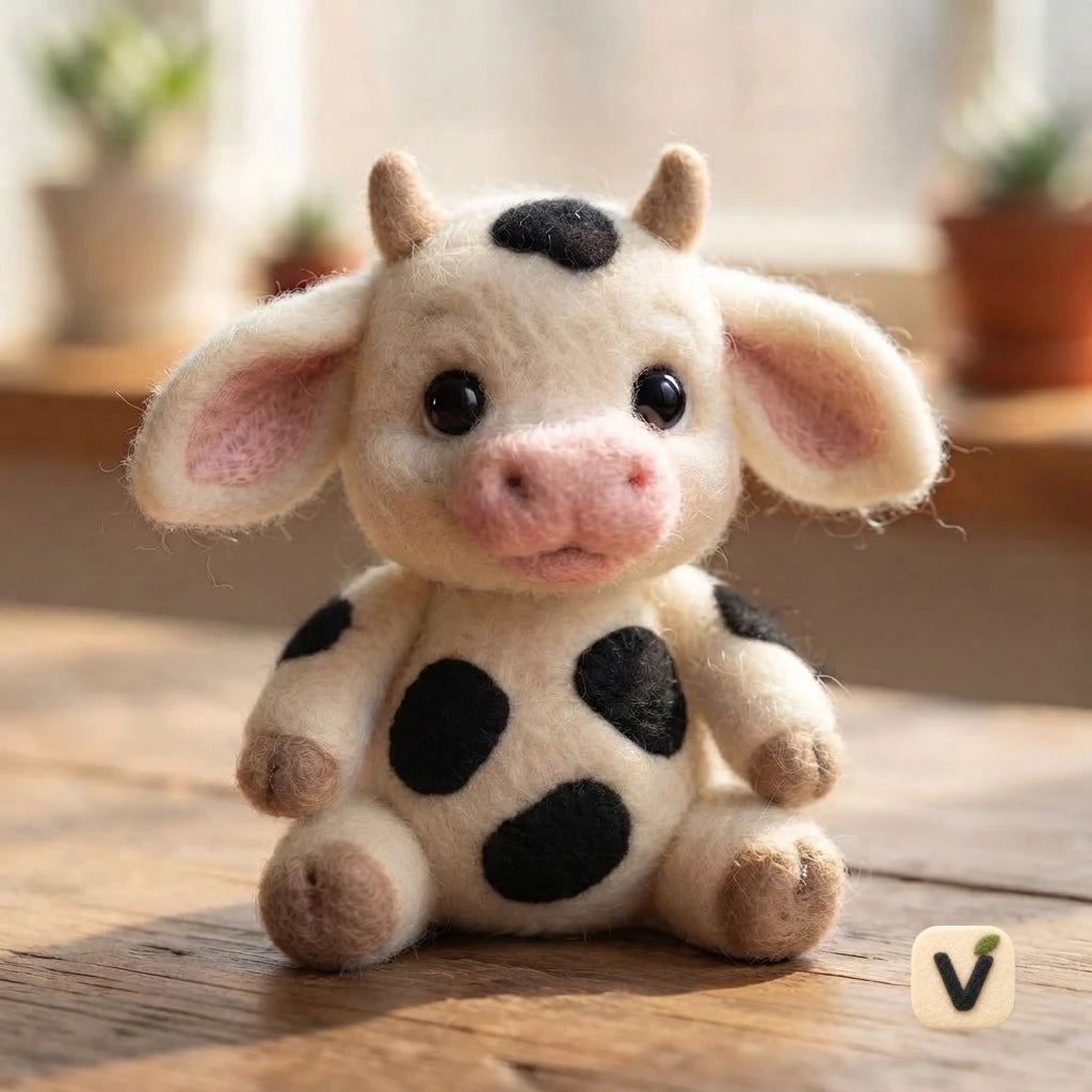 Handmade Wool Felt Sitting Spotted Baby Cow – Farm Countryside Desktop Ornament