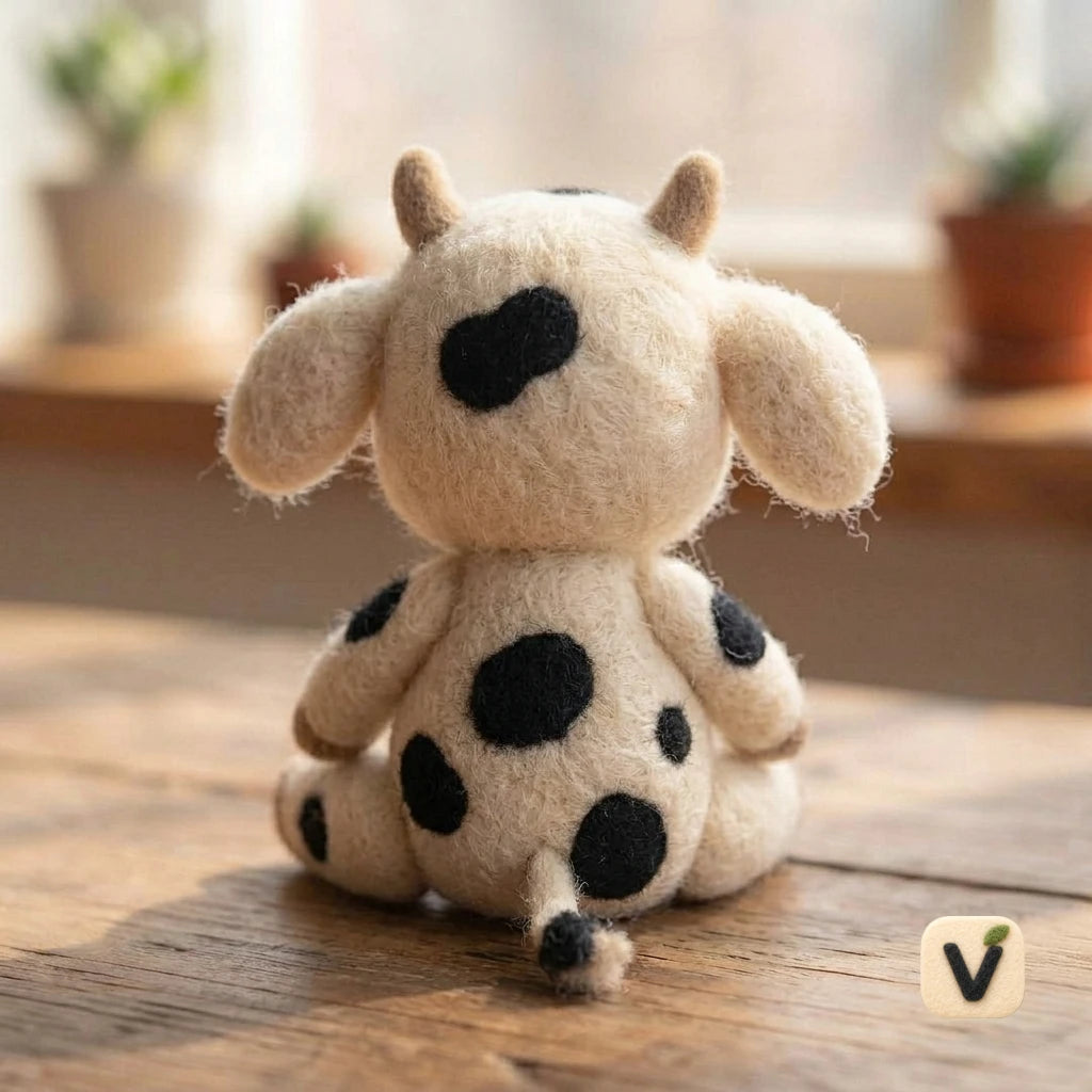 Handmade Wool Felt Sitting Spotted Baby Cow – Farm Countryside Desktop Ornament