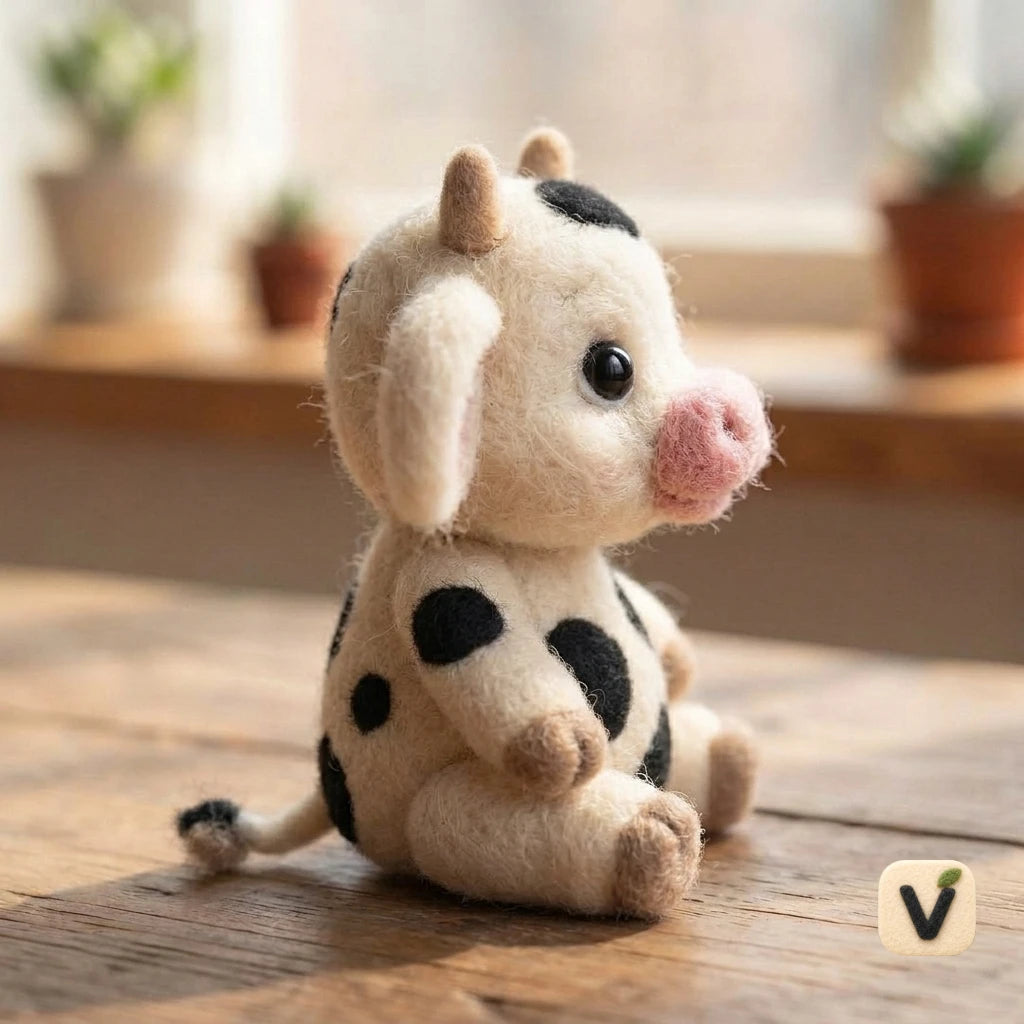 Handmade Wool Felt Sitting Spotted Baby Cow – Farm Countryside Desktop Ornament