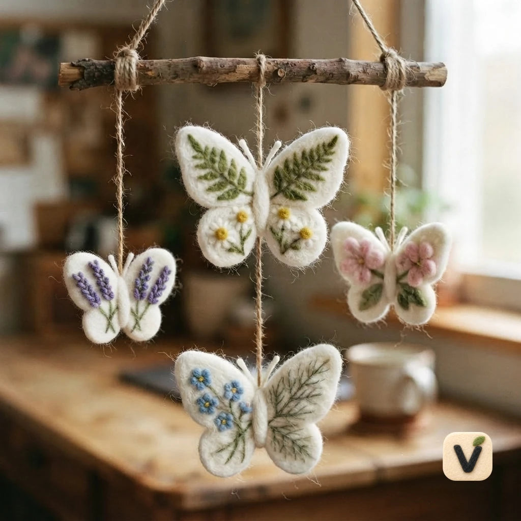 Handmade Wool Felt Four Floral Butterfly Ornaments – Pastoral Botanical DIY Decor Accessories