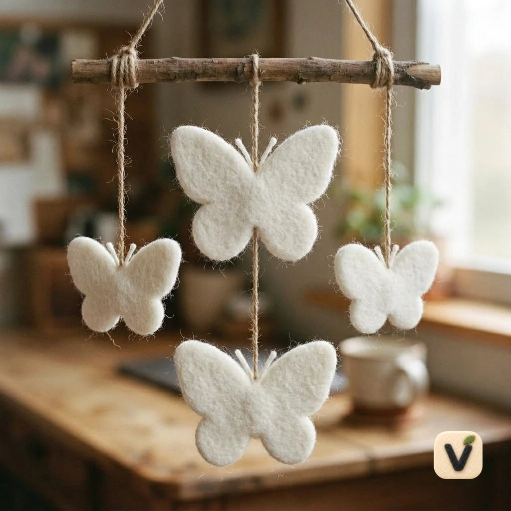 Handmade Wool Felt Four Floral Butterfly Ornaments – Pastoral Botanical DIY Decor Accessories
