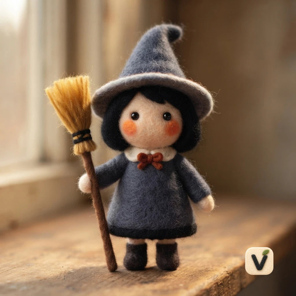 Handmade Wool Felt Cute Little Witch with Broom – Whimsical Halloween Desktop Ornament