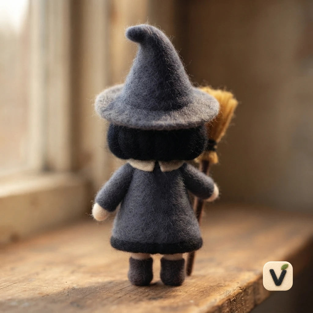 Handmade Wool Felt Cute Little Witch with Broom – Whimsical Halloween Desktop Ornament