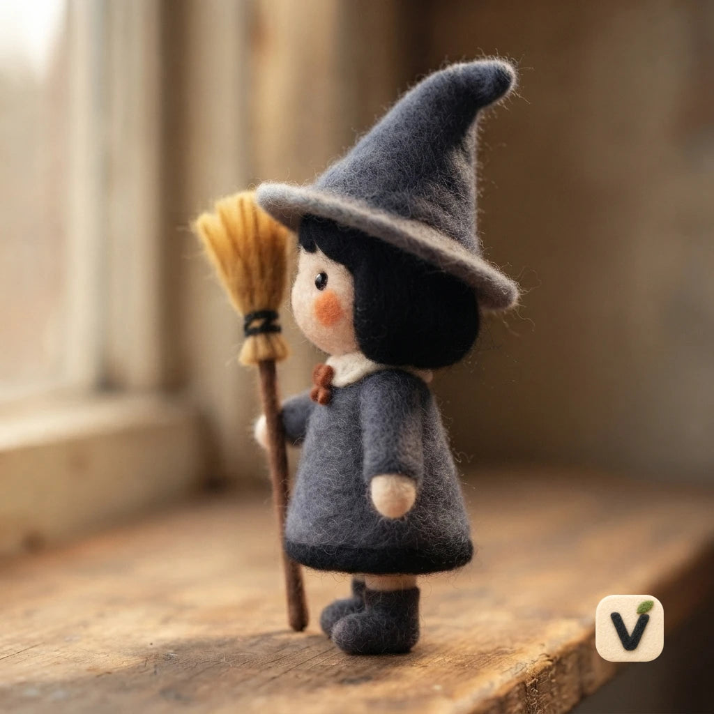 Handmade Wool Felt Cute Little Witch with Broom – Whimsical Halloween Desktop Ornament