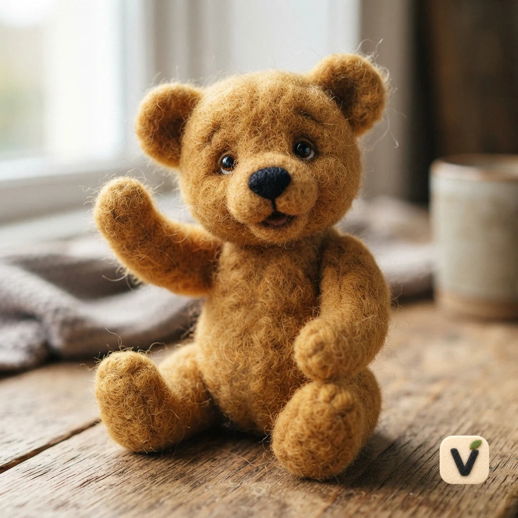 Handmade Wool Felt Sitting Waving Brown Teddy Bear – Warm Healing Desktop Ornament